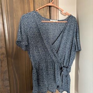 Fun 2 Fun White and Blue Wrap Blouse with Tie Front